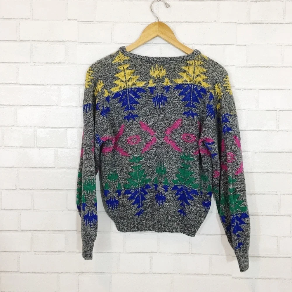 80s Vintage Gray Multi Color Patterned Slouchy Cozy Patterned Sweater